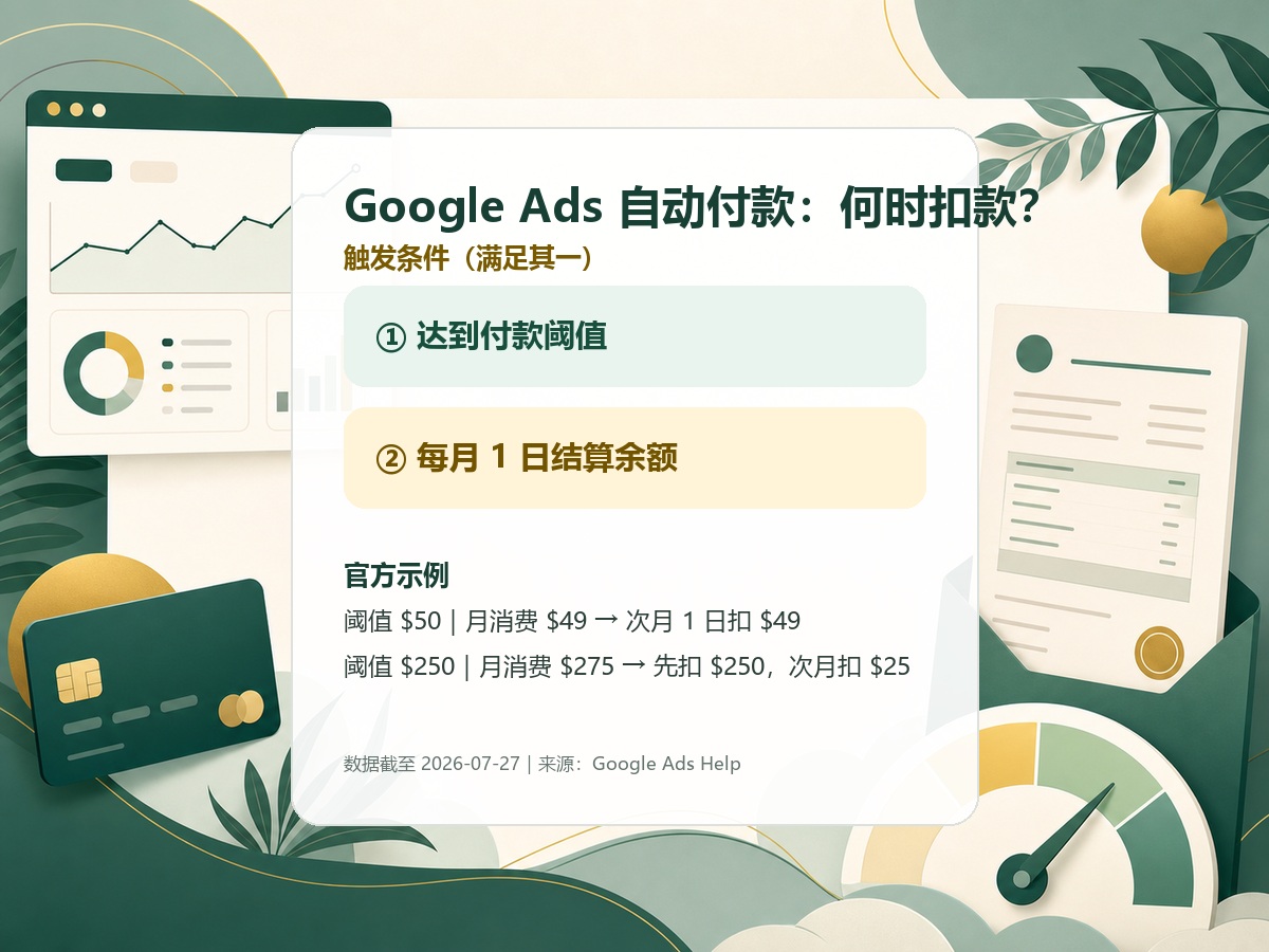Google Ads 自动付款阈值与月初结算数据图