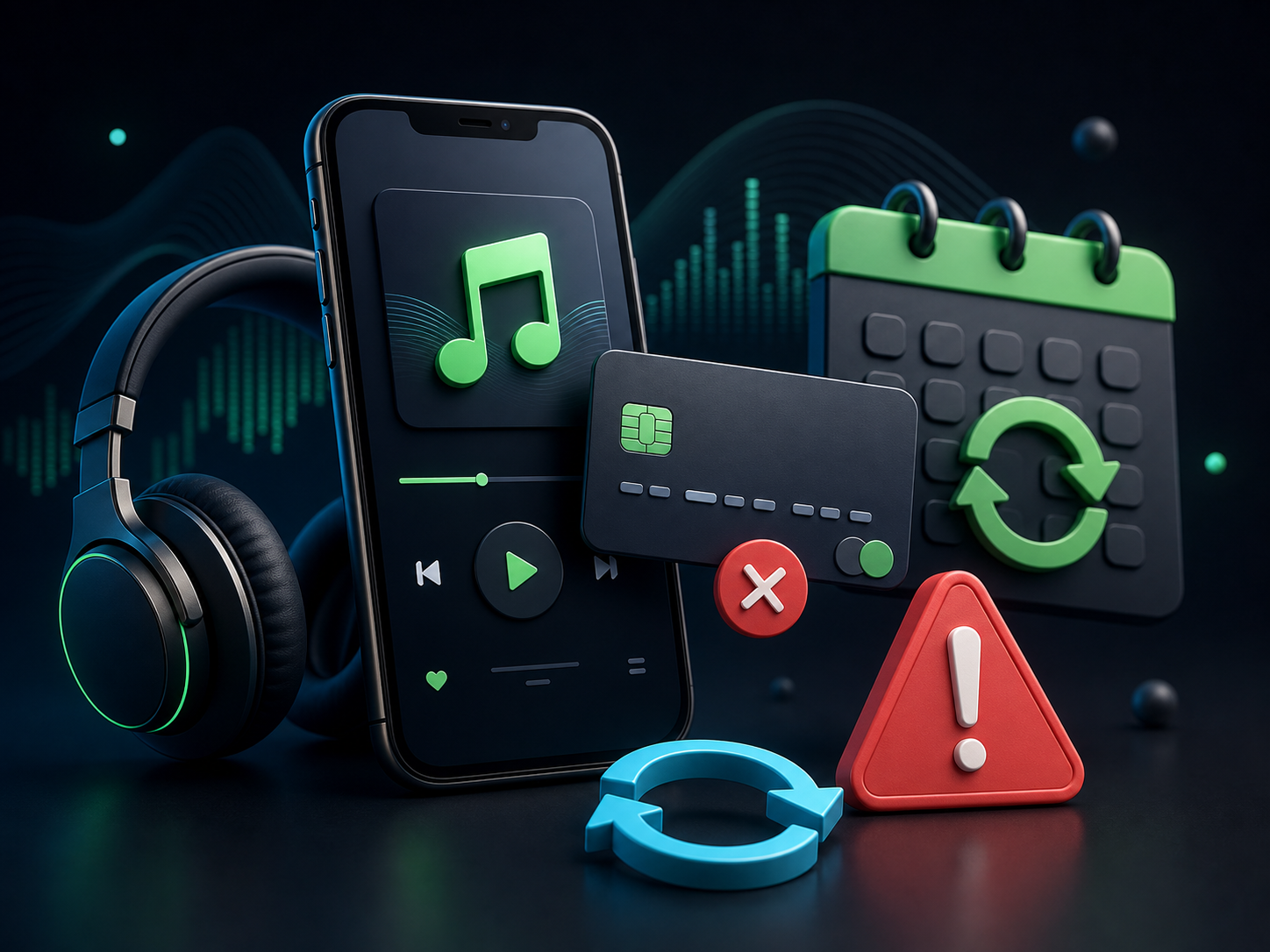 Spotify Premium 续费失败、付款卡与自动重试示意图
