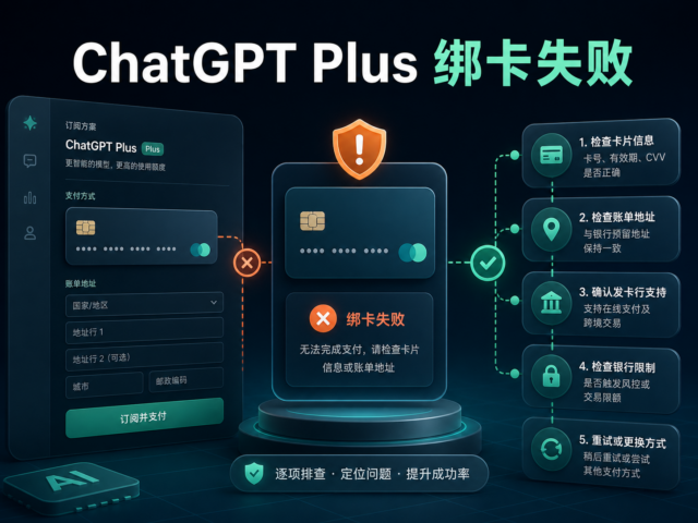 ChatGPT Plus 绑卡失败后检查银行卡、账单地址、银行限制与订阅状态的封面