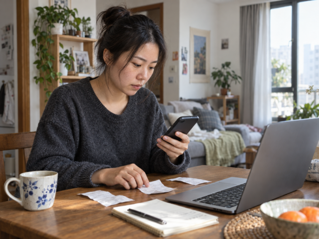 女子在家对照手机交易记录与纸质收据核查商户名称的真人摄影风格 AI 示意图