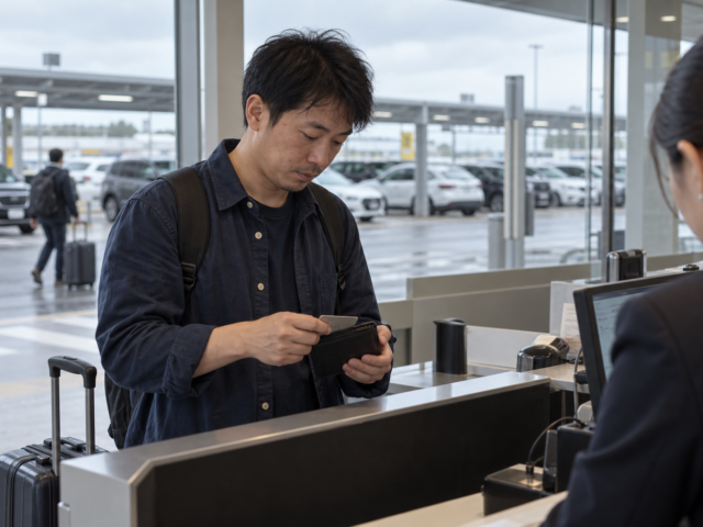 旅客在机场租车柜台准备实体银行卡与钱包的真人摄影风格 AI 示意图