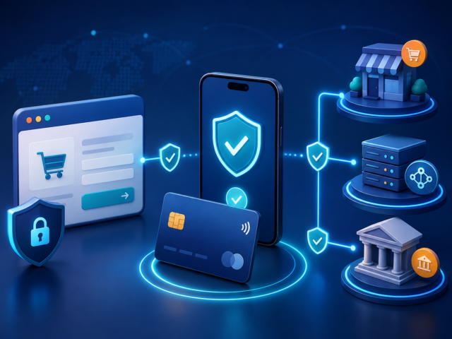 银行卡通过手机连接商户、卡组织与发卡行完成 3D Secure 安全验证示意